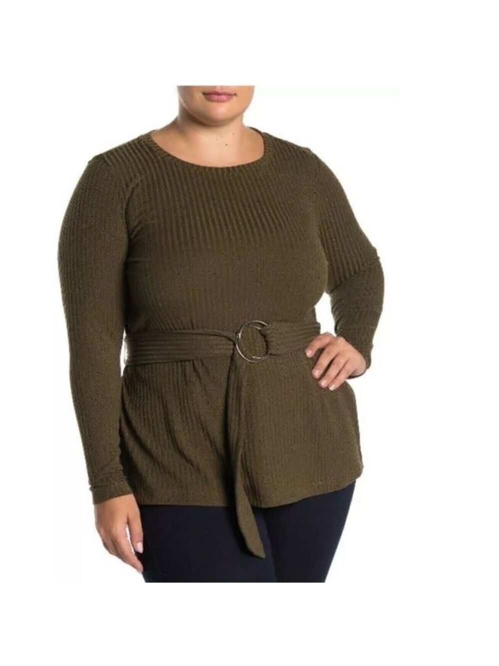 Eloquii Dark Olive Belted Rib Knit Crew Neck Shirt